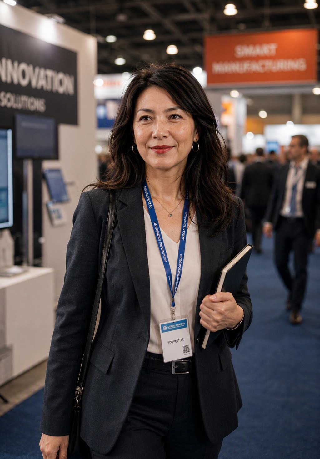 Ana Xu caminando por una feria comercial internacional en Cantón