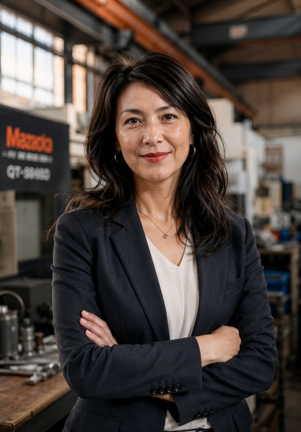 Ana Xu mirando a cámara en una fábrica auditada de Guangdong